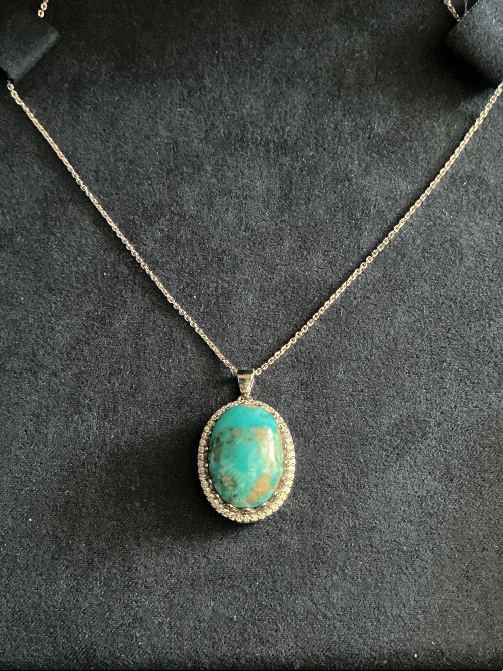 Natural Oval Cabochon Turquoise Pendant with Silver Halo